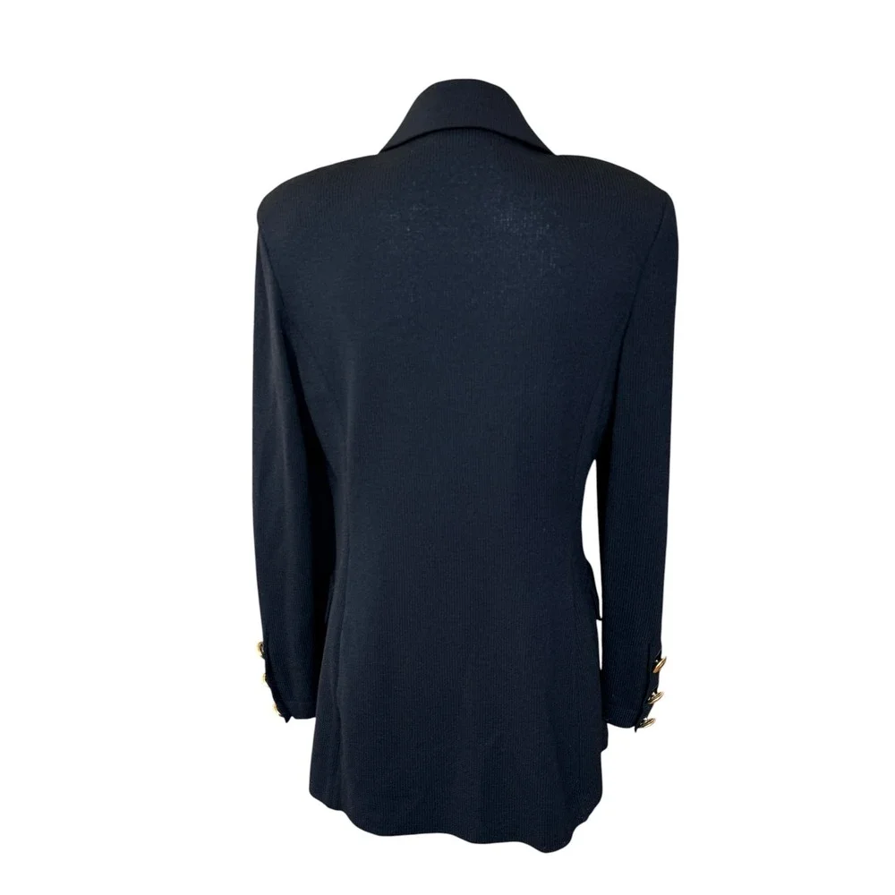 St. John Basics Black Santana Knit Double Breasted Gold Crest Button Blazer 6
